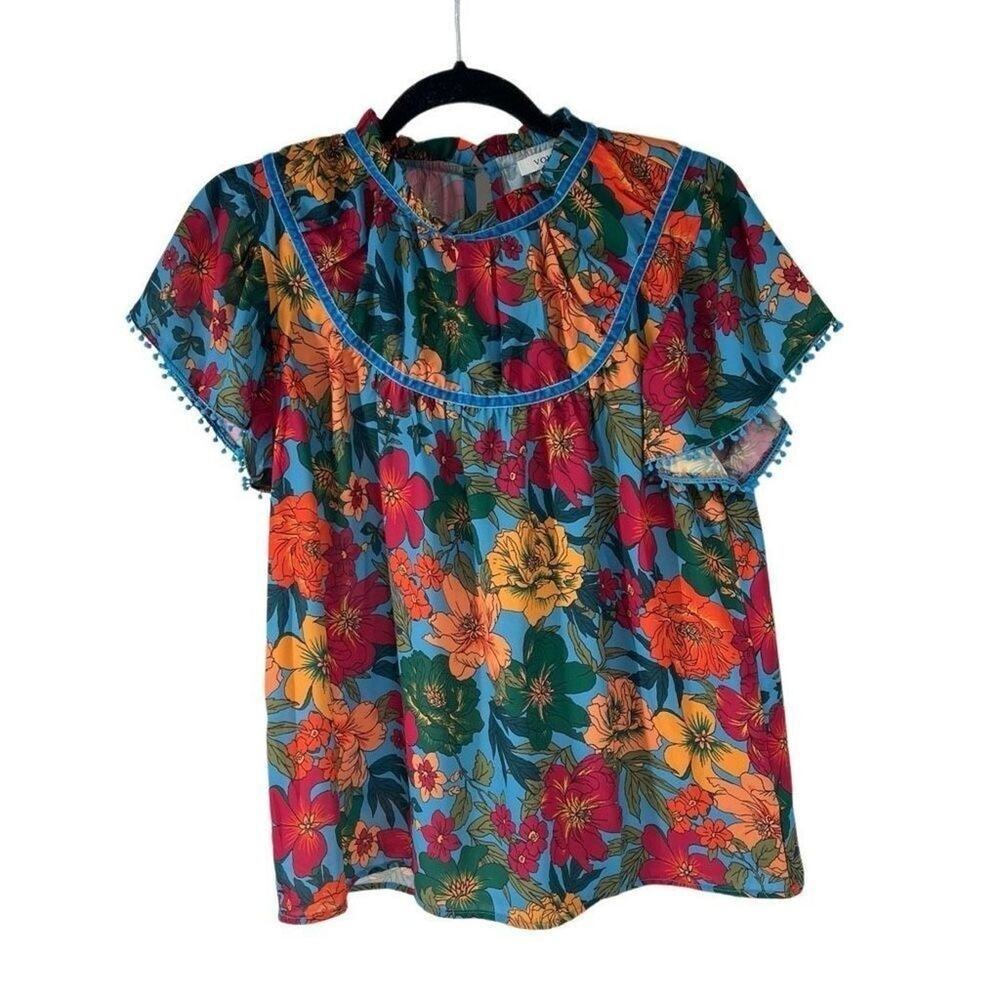 Voy Retro Floral Velvet Trim Short Sleeve Blouse Sz S‎ Womens